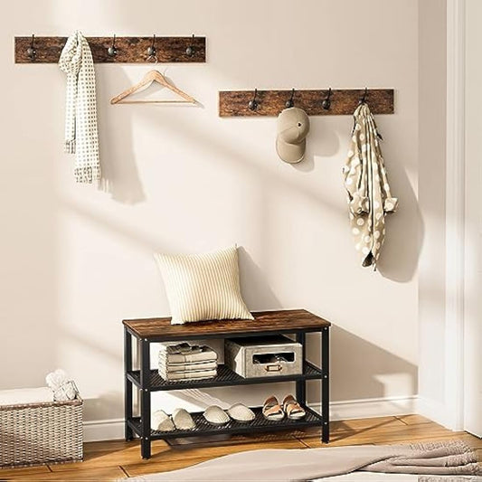 HOOBRO Coat Rack Shoe Bench Set, Hall Tree, Coat Stand Bench Set with 9 Hooks and Shelf, Multifunctional, for Hallway, Bedroom, Living Room, Rustic Brown and Black EBF17MT01