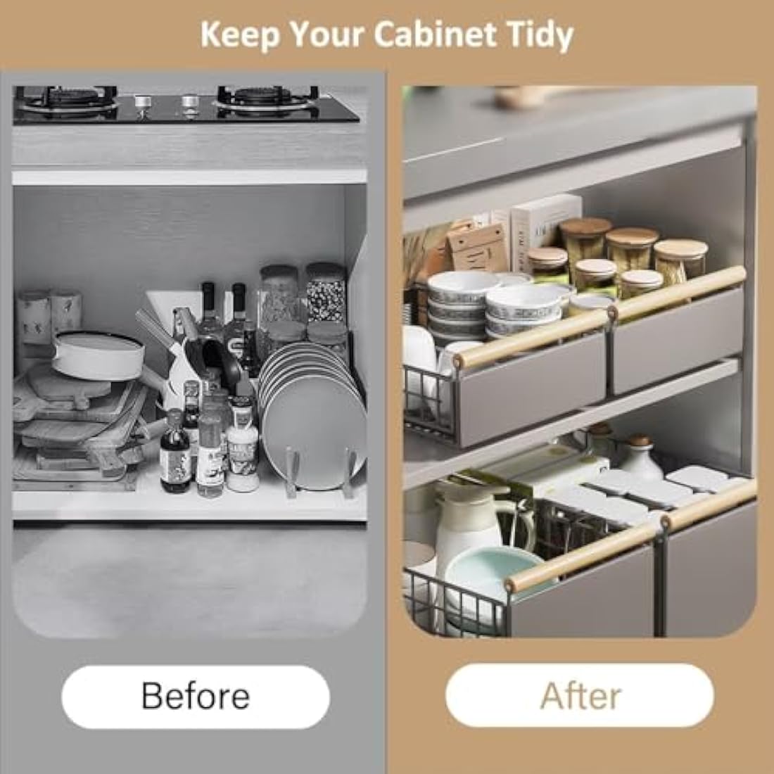 Pull Out Cabinet Organiser, pull out kitchen storage Foldable, 23.5*19.5*39.5~56.5cm, Kitchen Cupboard Organiser with Handle, No Drill Adjustable Drawers, Slide Out Drawers for Kitchen Cabinets, White