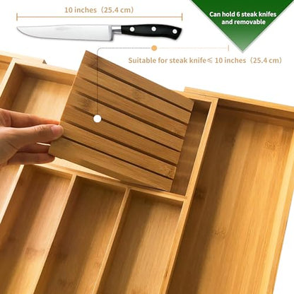 VaeFae Bamboo Cutlery Organiser for Kitchen, Wooden Utensil Drawer Organiser, Expandable Cutlery Tray and Utensil Holder