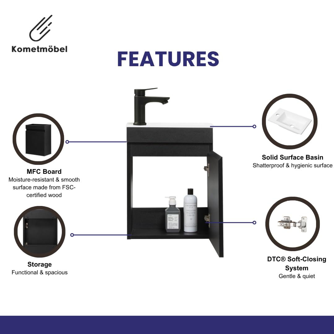 Kometmöbel Cloakroom Vanity Unit With Wash Basin Bathroom Vanity 40cm Wall Hung (Black 40cm, With Mirror)