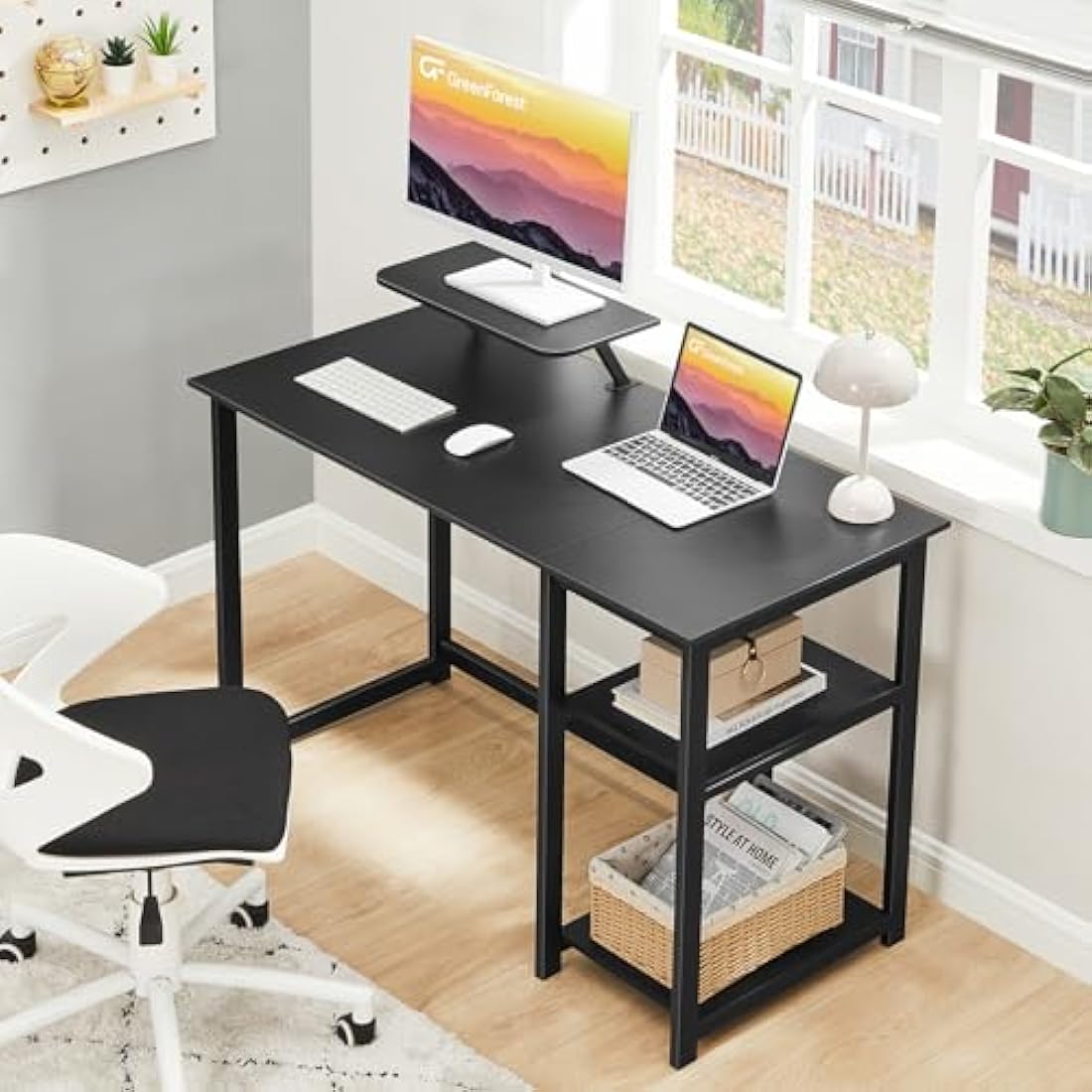 GreenForest Computer Desk with Monitor Stand,120cm Black Desk with Reversible Storage Shelves Modern PC Gaming Home Office Desk for Small Spaces,Black