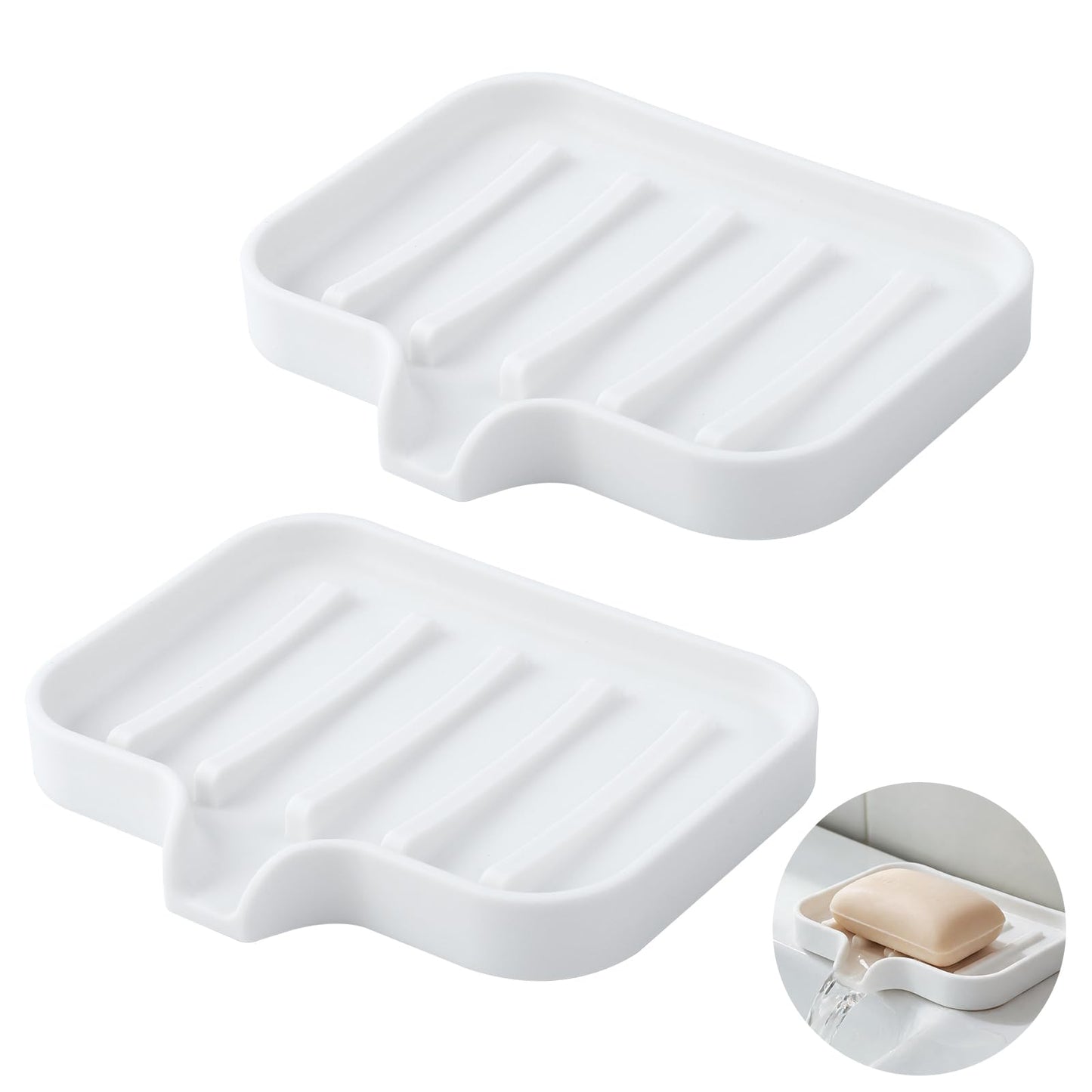 Gurwen 2 Pcs Silicone Soap Dish with Drainage for Bathroom, White