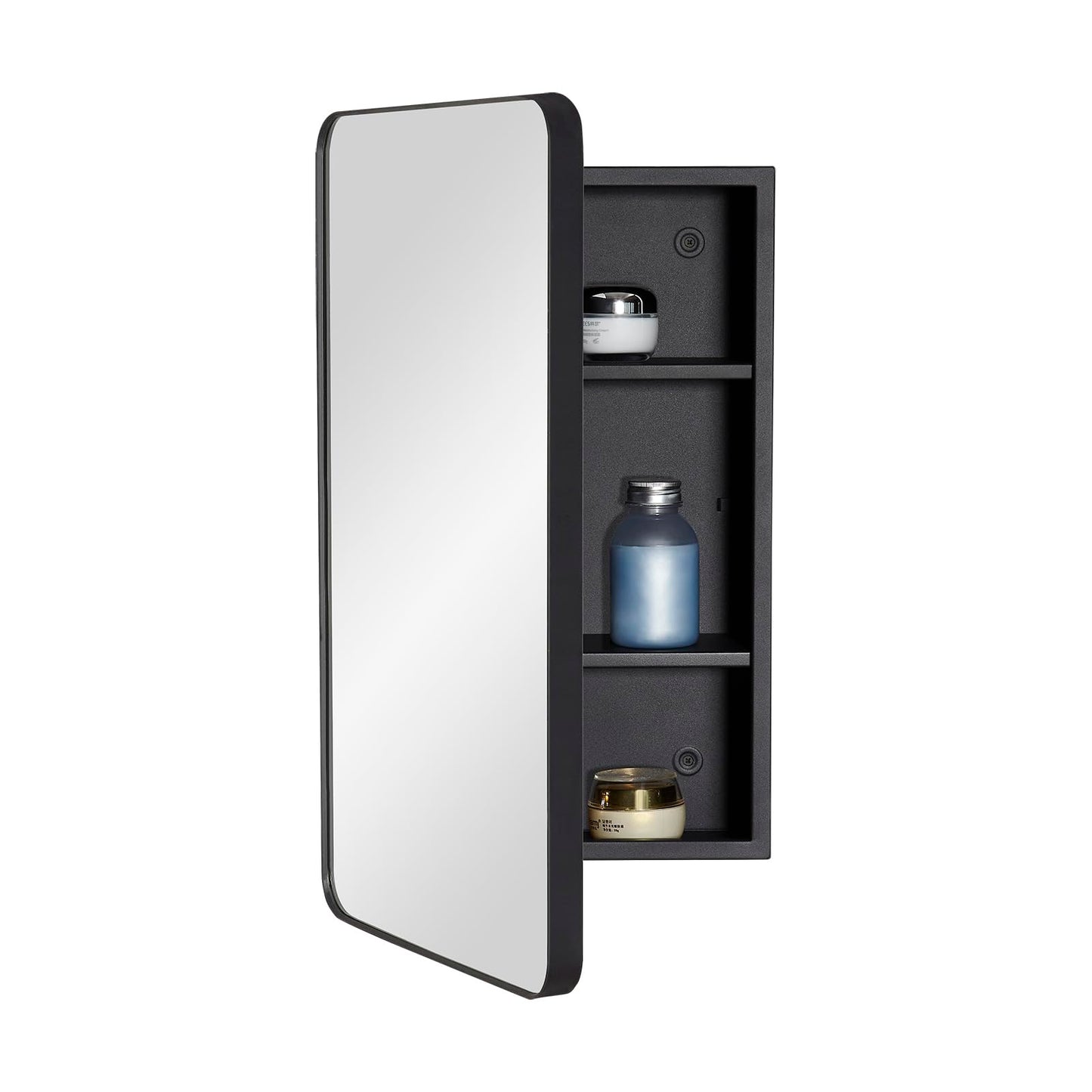Fundin Bathroom Mirror Cabinet with Storage – Metal Framed Round Corner Door, Adjustable Shelves, Matte Black, Surface Mount Wall Mounted - 30 x 55 cm