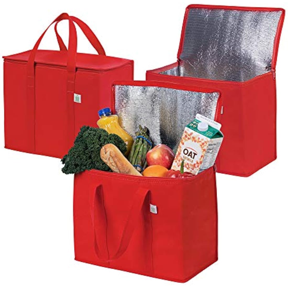 VENO 2 Pack Cooler Bag and Insulated Grocery Bags for Food Delivery, Collapsible Cooler, Reusable Shopping Bags for Groceries with Zipper, Foldable, Heavy-Duty, Stands Upright (Red, 3 Pack)