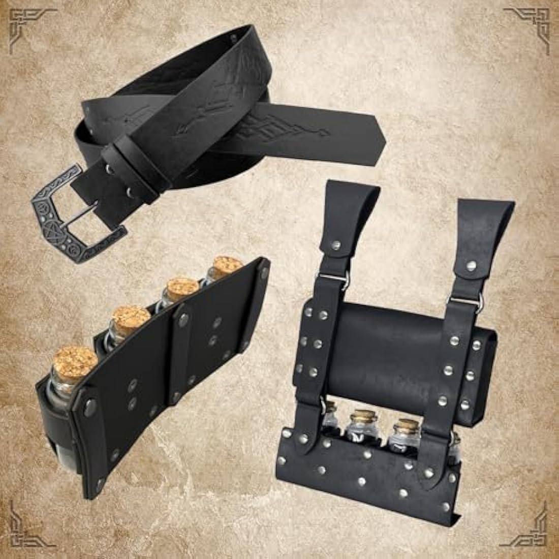 EpicCos 3 PCs Medieval Alchemy Belt Waist Pack Combo with Multiple Potion Bottles, Viking Rivet Belt Side Pouch for Cosplay (Black C)