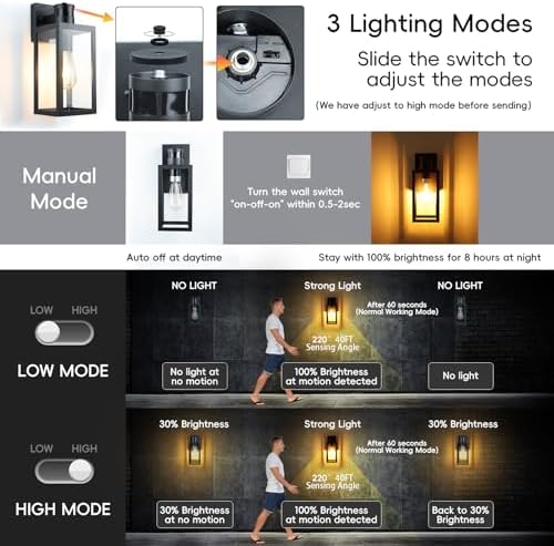 Aranzyec 2 X Motion Sensor Outdoor Wall Lights, Upgrade Dusk to Dawn Wall Sconce, Waterproof Porch Light Fixtures Wall Mount for Entryway Doorway Garage, E27 Socket, PIR Motion Activated