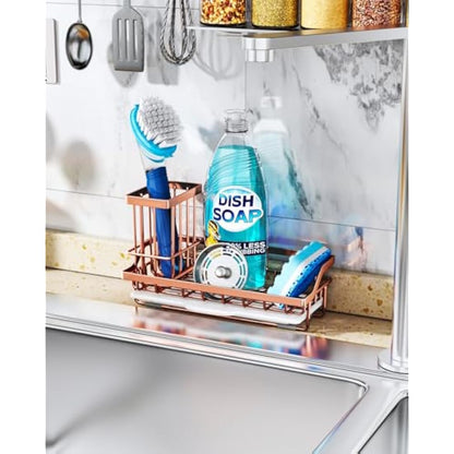 Consumest Sponge Holder for Kitchen Sink - Sink Caddy Kitchen Sink Organizer with Removable Drip Tray for Countertop Dish Soap Dispenser Brush Storage Accessories 304 Stainless Steel, Rose Gold