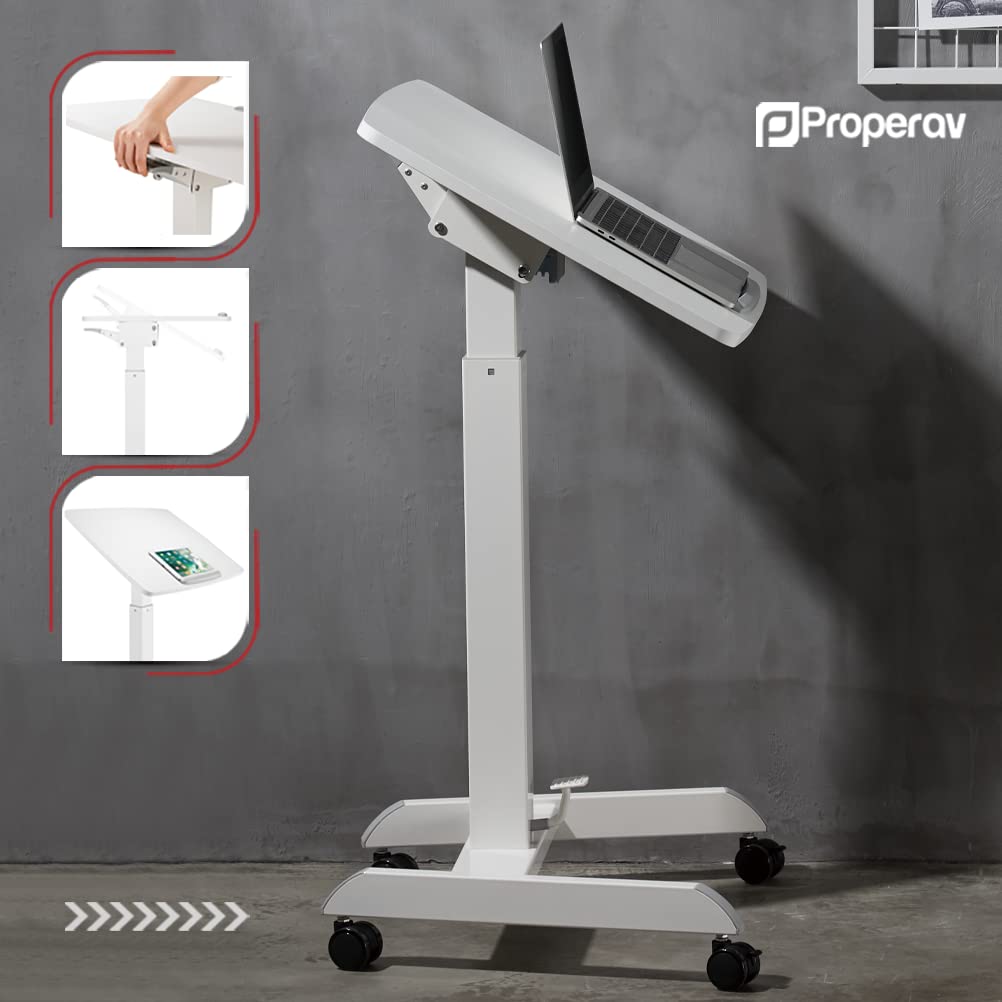 Properav Mobile Sit-Stand Tilting Desk Workstation 600x520mm Gas Spring Height Adjust 758-1128mm with Pedal for Windows & Mac Laptops inc Dell, BenQ