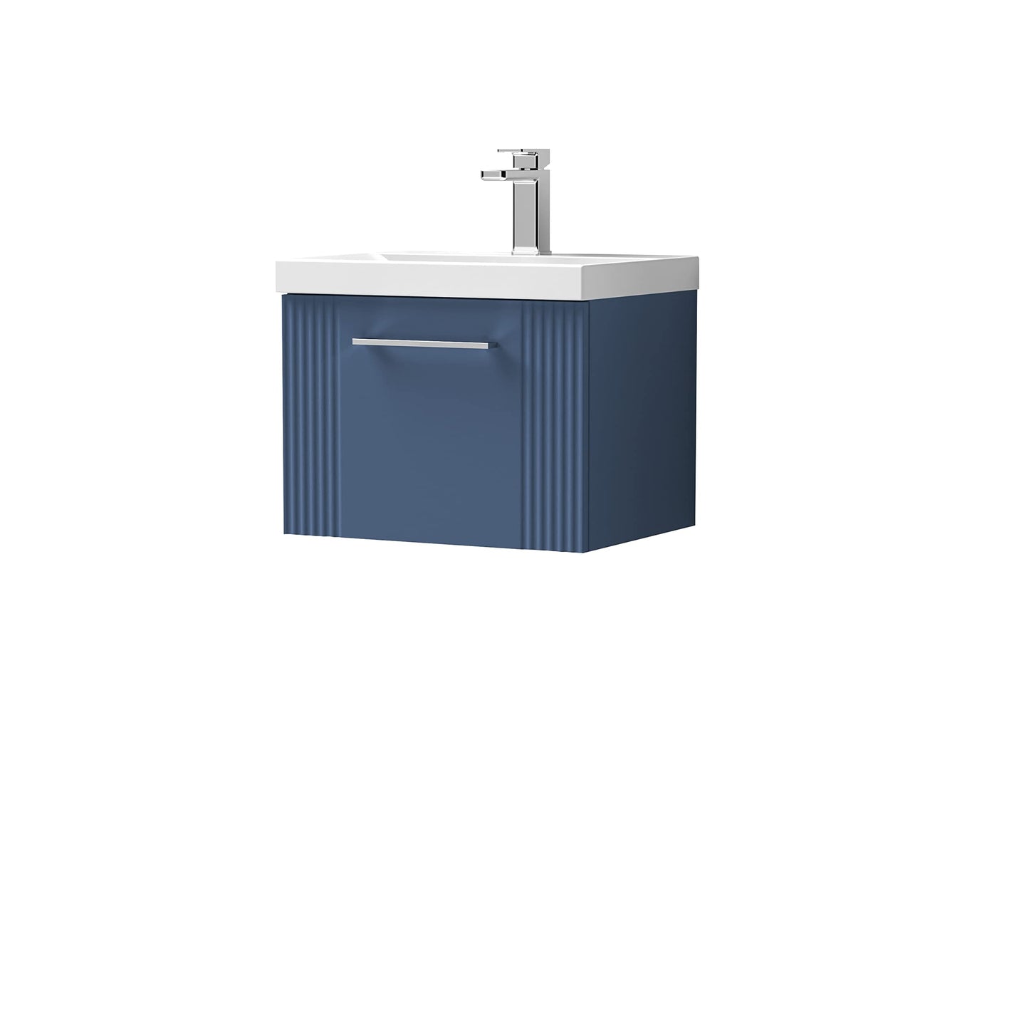 nuie DPF391A Deco Modern Bathroom Wall Hung 1 Drawer Part Fluted Vanity Basin Unit with Mid-Edge Ceramic Basin, 500mm, Satin Blue