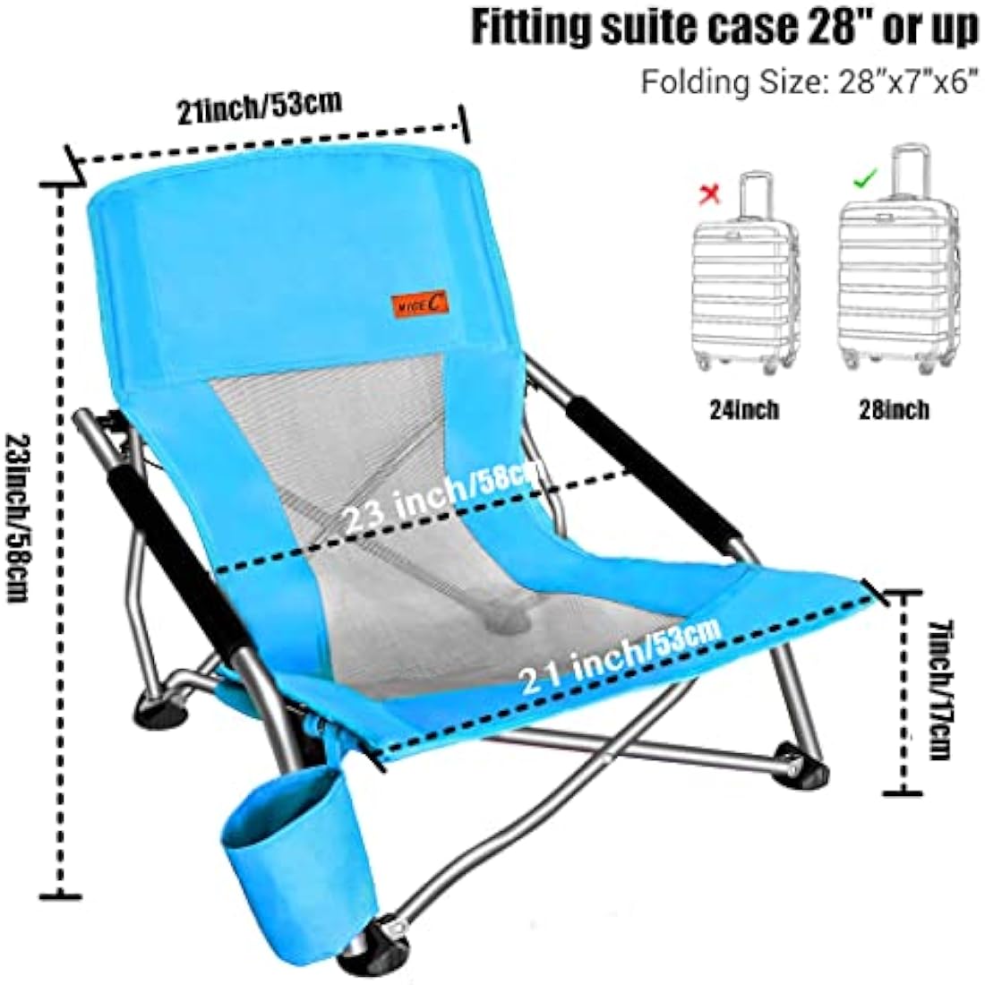 Nice C Low Beach Camping Folding Chair, Ultralight Backpacking Chair with Cup Holder & Carry Bag Compact & Heavy Duty Outdoor, Camping, BBQ, Beach, Travel, Picnic, Festival (1 Pack of Blue)