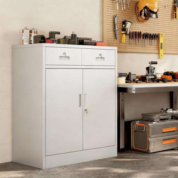 Metal Storage Cabinet, 90cm Locking Storage Cabinet with Doors, Steel Storage Cabinet with 2 Drawers and Adjustable Shelf for Garage, Home, Office