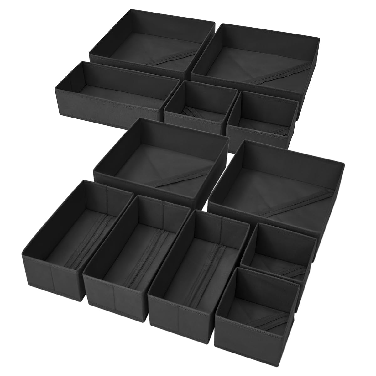 DIMJ 12 Pack Clothes Draw Organisers Fabric Drawer Dividers, 3 Size, Black