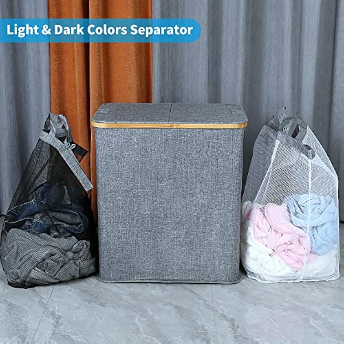 Efluky 140L Large Divided Wash Basket with Lid, 2 Section, Blue-grey