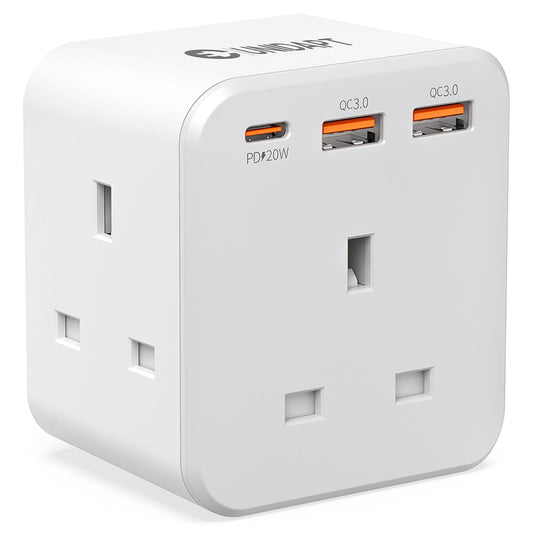 Unidapt 3 Way Plug Adaptor with 3 Fast Charge Ports, Multi Plug Extension with PD 20W USB-C and 2 USB-A QC 3.0, 13A UK Plug Extender Socket, Triple