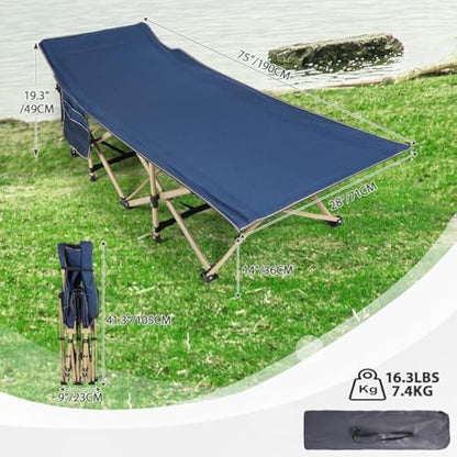 REDCAMP Folding Camping Beds for adults, Heavy Duty Sturdy Camp Bed with Mattress, Stronge Thicker Tubes Sleeping Cot Outdoor Travel Office (Navy Blue Camping Bed+Blue Mattress Thicker)