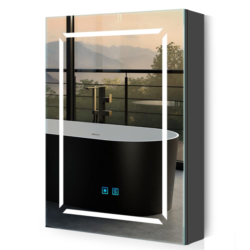 Quavikey® Black Bathroom Mirror Cabinets with Shaver Socket and Light, 50x70 cm LED Illuminated Bathroom Wall Cabinet with Mirror, Anti Fog