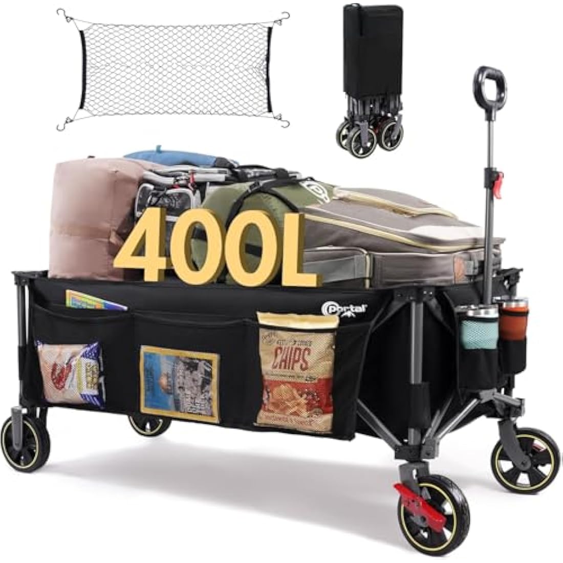 Portal 400L Festival Trolley on Wheels XXL Extended with Brakes Camping Trolley Cart Heavy Duty Beach Wagon Longer Pull along Collapsible Garden Cart Hand Truck Trailer Buggy for Fishing Picnic 160KG