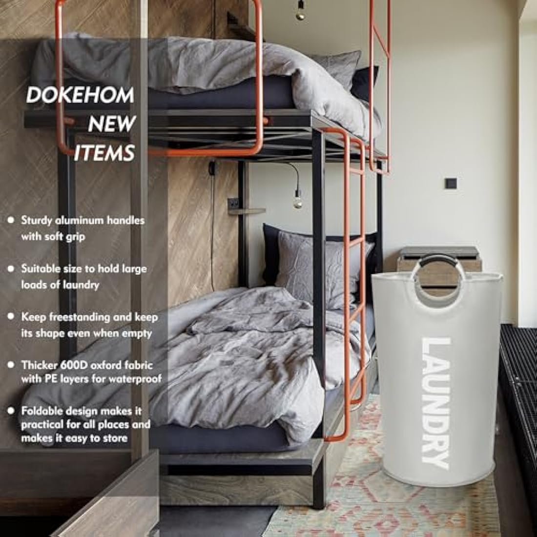 DOKEHOM 90L Large Laundry Basket, Collapsible Laundry Bag, Freestanding Tall Clothes Hamper, Foldable Washing Bin (Grey)