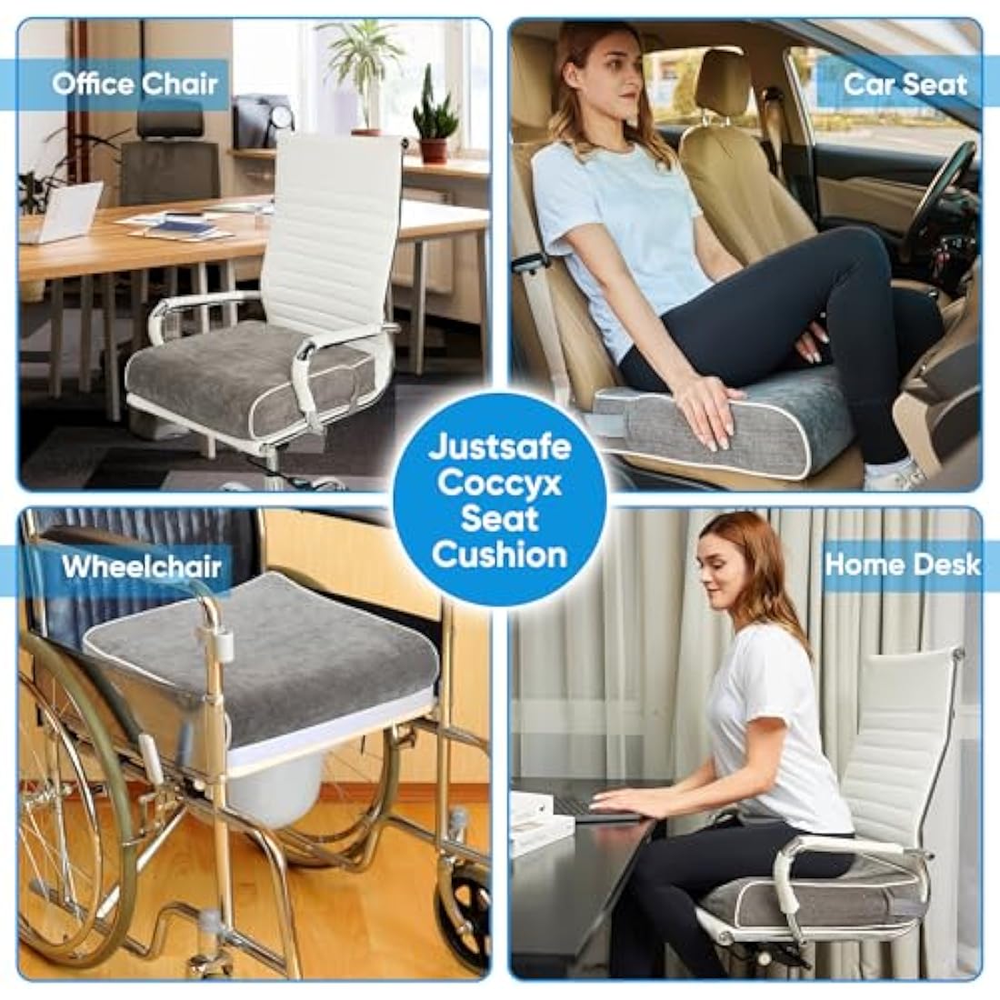 Justsafe 10cm Thick Extra Large Memory Foam Seat Cushion - XL Orthopaedic Ergonomic Office Chair Cushion for Back, Sciatica & Tailbone Pain Relief - Non-Slip Support Car, Desk & Wheelchair Cushion