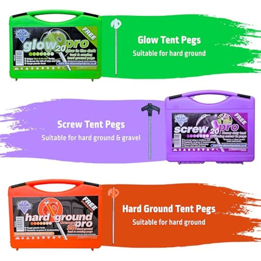 Blue Diamond Heavy Duty Screw Tent Pegs - Pack of 20 | Hard Ground Tent Pegs, Camping Pegs | Rustproof Galvanized Steel (Carry Case)