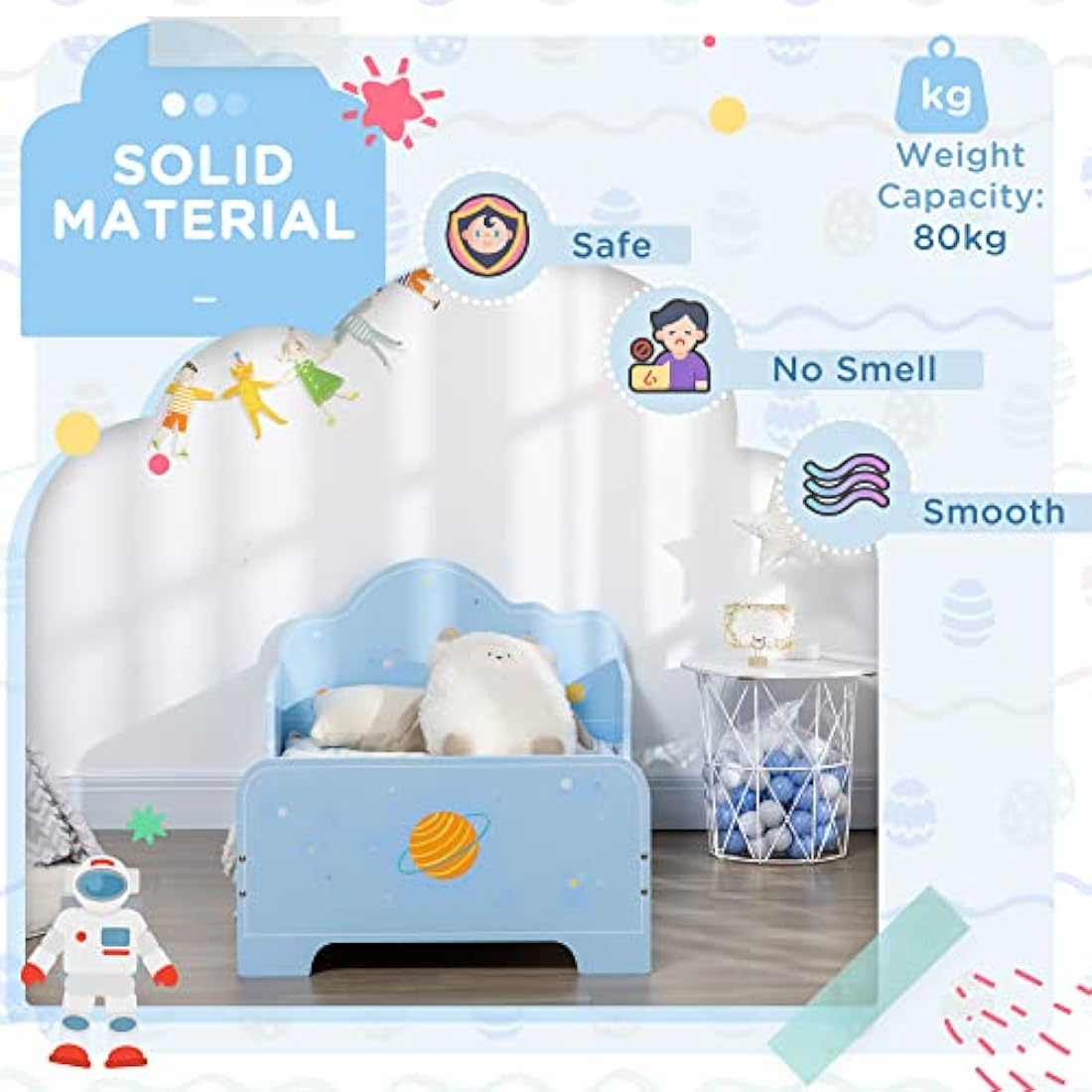 ZONEKIZ Kids Toddler Bed, Safety Rails, Kids Bedroom Furniture for Boys, Girls, Ages 3-6 Years, 143 x 74 x 59cm - Blue