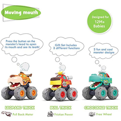 MOONTOY Monster Truck Car Toy Set for 1-3 Years, 3-Piece Cartoon Monster Truck Toy Cars, Red, Blue, Green