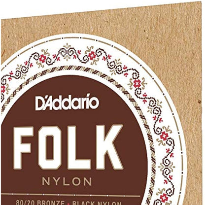 D'Addario Folk Nylon Classical Guitar Ball End String Set, Nylon, EJ34 Black Trebles 80/20 Bronze Basses
