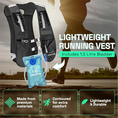 Tribalway Running Vest with Water Bladder – Hydration Vest for Men & Women, Breathable Running Backpack, Reflective Strips, Phone Holder, Water bottle Holder - Black