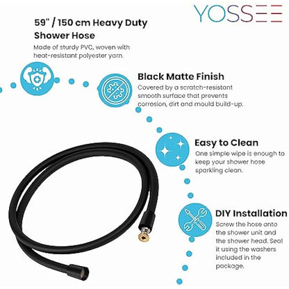 YOSSEE PVC Smooth Shower Hose 1.5M / 59 Inch with Anti-Twist Brass Connections - Universal Replacement, Flexible, Kink and Leak Proof (Black)