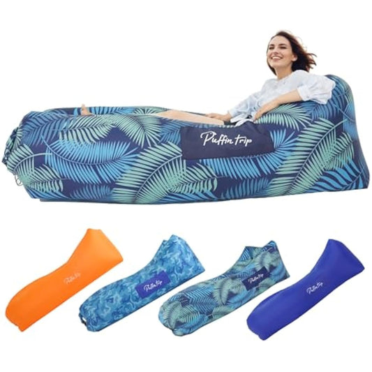 PUFFIN TRIP Inflatable Lounger Ergonomic Air Sofa Couch, Portable Beach & Camping Chair, Water Proof Couch for Picnics Hiking Outdoor Music Festivals, Lightweight and Easy Setup (Tropical Jungle)