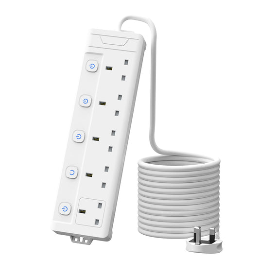 5M Extension Lead, MSCIEN Long 5 Metre 5 Gang Power Strip with Wall Mounted, White, Multi Socket with Individually Switches Plug Extension for Home