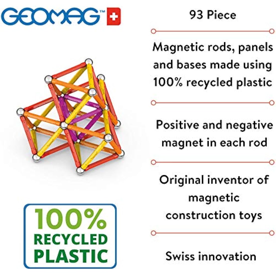 Geomag Classic - 93 Pieces - Magnetic Construction for Children - Green Collection - 100 Percent Recycled Plastic Educational Toys