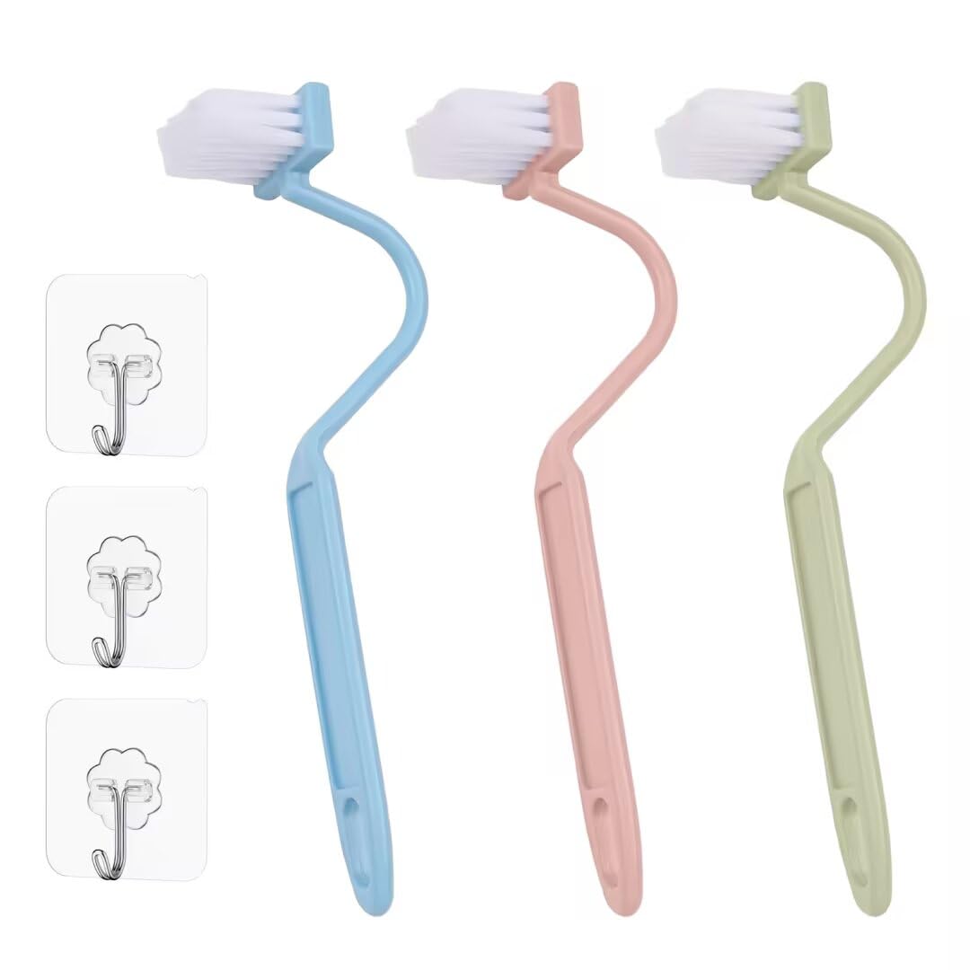 3Pcs Toilet Brushes Small Curved, Plastic Toilet Cleaning Brush, Rim Cleaner, Under Rim Toilet Scrubber with Transparent Adhesive Hooks for Bathroom