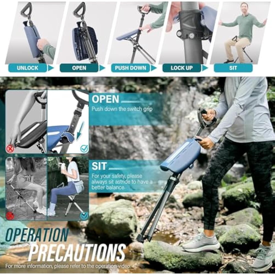 Ta-Da Chair Series 2 PRO - Walking Stick with Seat, Lightweight Aluminium Pole Frame & Sturdy Foldable Stool (up to 136kg), Easy Folding Design, Ideal for Hiking & Outdoors - Adjustable