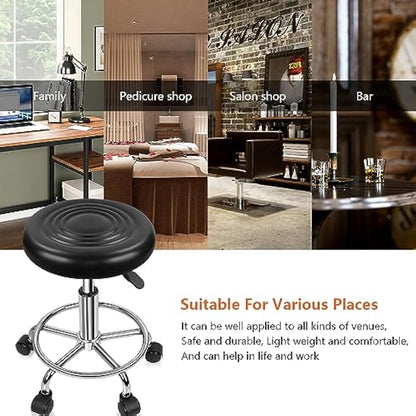 KKTONER PU Leather Round Rolling Stool with Foot Rest Swivel Height Adjustment Spa Drafting Salon Tattoo Work Office Massage Stools Task Chair (Black)