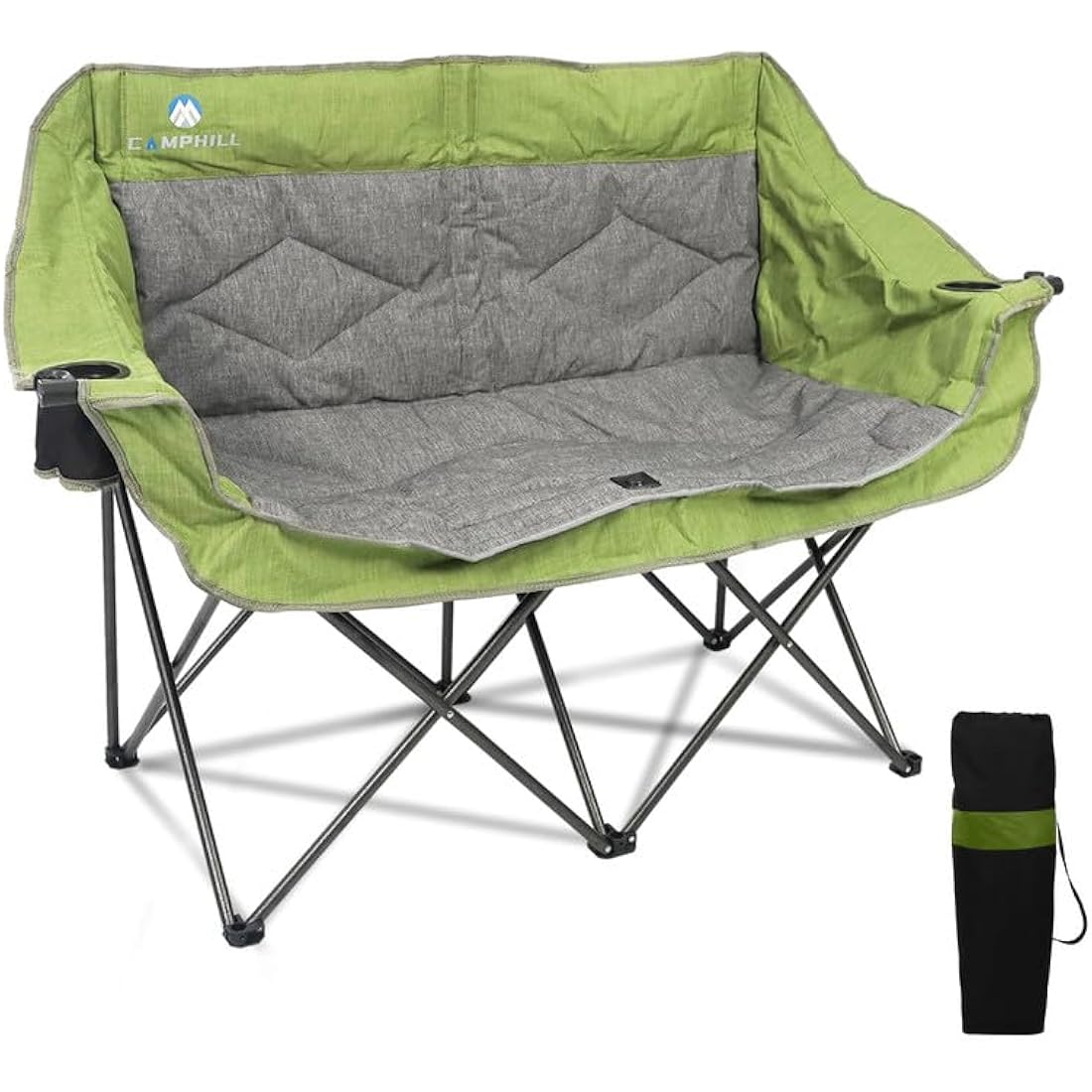 LANMOUNTAIN Folding Loveseat Camping Chair, Portable Double Chair w/Cup Holder,Wine Glass Holder,Carry Bag Heavy Duty Lawn Chair for 2 Adults,Perfect for Camp,Hiking,Picnics and Beach Trips,Green
