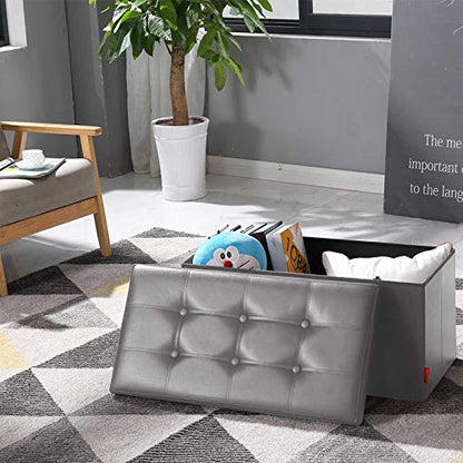 BRIAN & DANY Folding Ottoman Storage Bench with Lid, Foot Stool Faux Leather Large Storage boxes with Lid, Gray, 76 x 38 x 38 cm