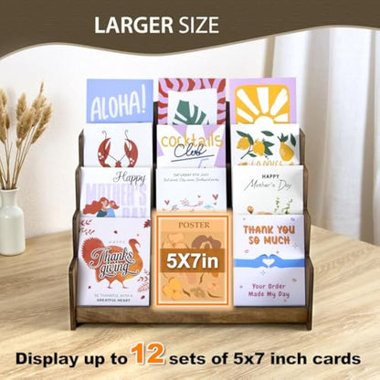 PUERSI Greeting Card Display Stand Holder Rack Organizer, for Postcard Sticker Vendors Retail, 4 Tier Wooden Card Display Stand, Brown