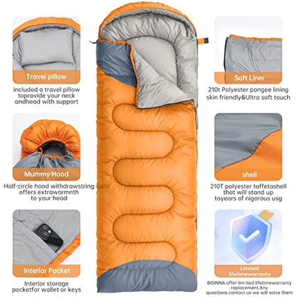BISINNA Sleeping Bag with Pillow - 4 Season Lightweight Waterproof Warm Sleeping Bag with a compression sack for Adults, Women, Men's Outdoors Camping, Hiking, Backpacking