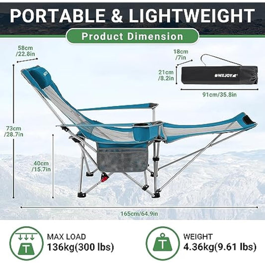 #WEJOY Camping Chairs Folding Recliner Chair Adjustable with Detachable Footrest Headrest Cup Holder Lightweight Portable Reclining Camp Chair Fold Up Chair for Outdoor Beach Garden,Cyan