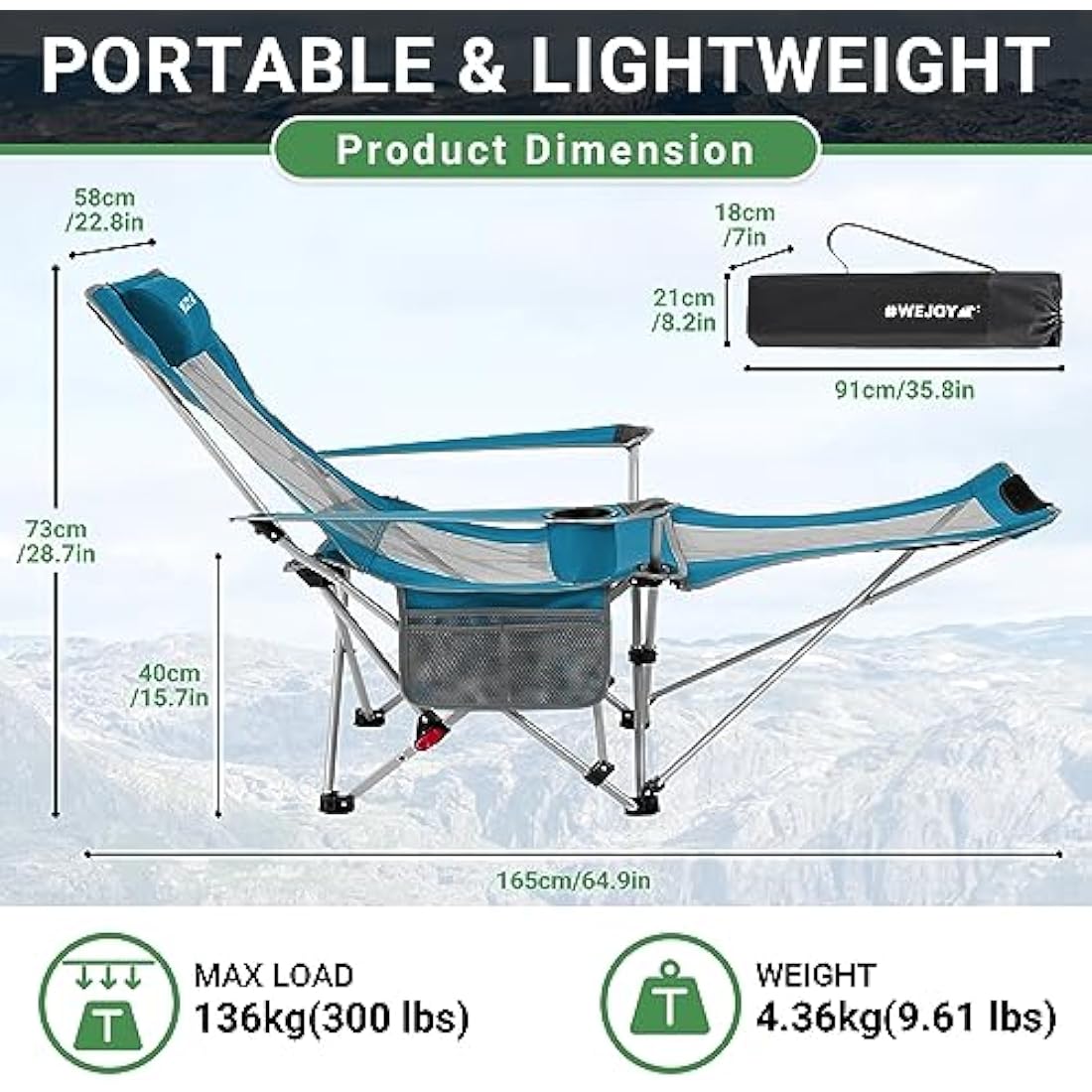#WEJOY Camping Chairs Folding Recliner Chair Adjustable with Detachable Footrest Headrest Cup Holder Lightweight Portable Reclining Camp Chair Fold Up Chair for Outdoor Beach Garden, Cyan Set of 2