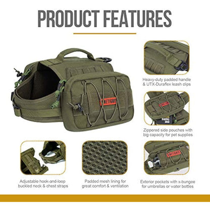 OneTigris Dog Pack Hound Travel Camping Hiking Backpack Saddle Bag Rucksack for Medium & Large Dog (Ranger Green)