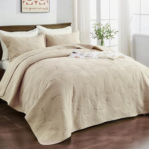 Qucover Beige Bedspread Soft and Comfortable Cotton Quilted Bedspreads King Size with Elegant Embroidered Palm Leaf Pattern, 3 Pieces Bedspreads