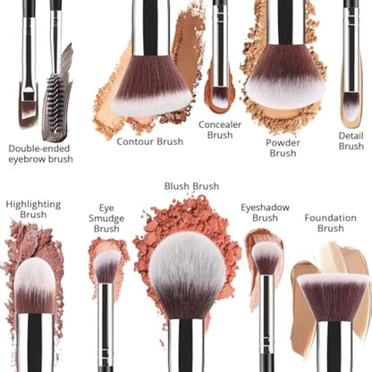 BEAKEY Diversity Make up Brushes 12Pcs Makeup Kit, Premium Synthetic Kabuki Foundation Face Powder Concealers Eyeshadow Blush Brushes Make up Brushes Set, with 2pcs Blender Sponges (Black/Silver)