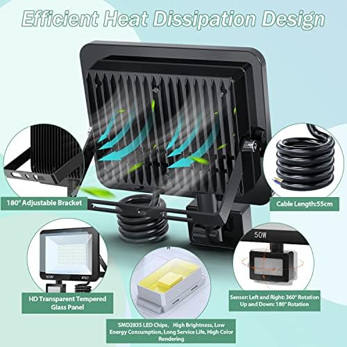 YIQIBRO 50W PIR Security Lights Outdoor Motion Sensor 2 Pack, 5000LM LED Floodlight with PIR, IP67 Waterproof Flood Lights Motion Sensor for Garden, Garage, Patio, Yard