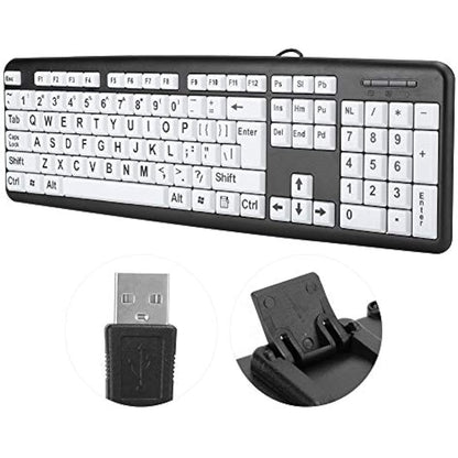 Large Print USB Wired Computer Keyboard (White Large Print Keys) Great for Visually Impaired Individuals - Senior Citizens in Low and Dim Lighted Areas(Black)