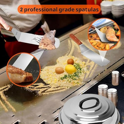 Onlyfire FPA-5117 Professional BBQ Griddle Spatula Tool Kit Great for Grill Griddle Flat Top Cooking Camping, with One 12” Melting Dome, 9 pcs