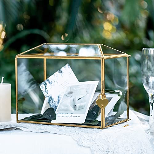 NCYP Glass Card Box with Slot and Lock for Wedding, Party Reception, Donation, Keepsake - Small 26x15x20.3 CM - Geometric Decorative, Gold, Handmade