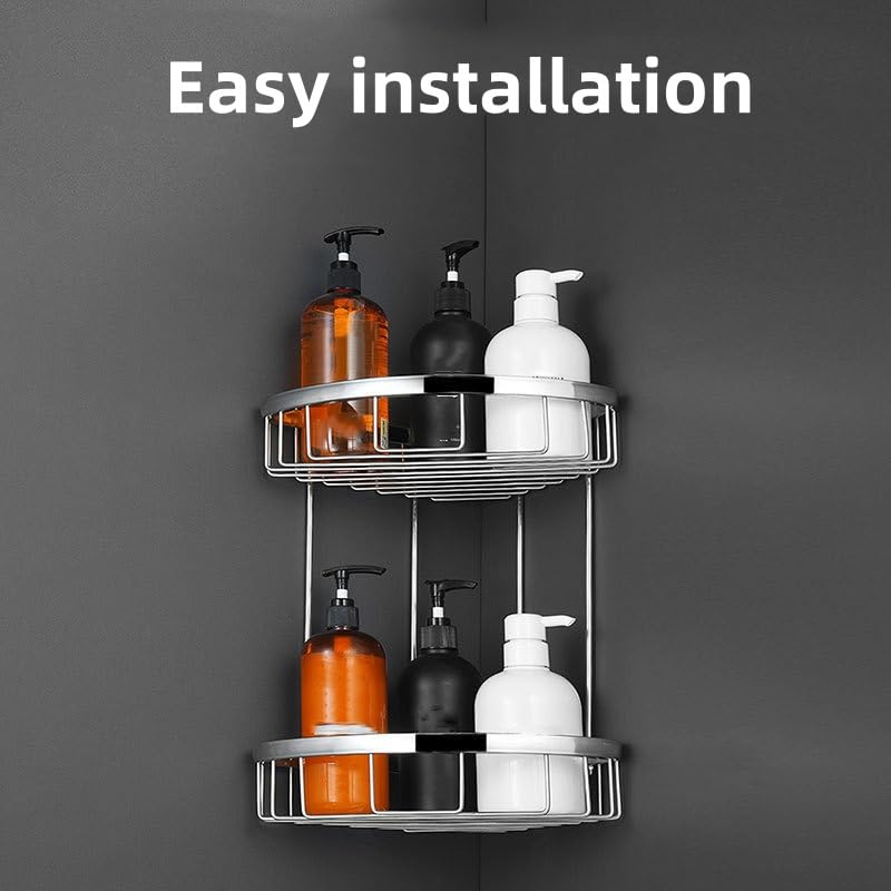 BRAVECOW SUS304 Stainless Steel Shower Caddy, 2-Tier Corner Shelf Organizer Rustproof Bathroom Storage, No Drill Hanging, Holds 8+ Toiletries