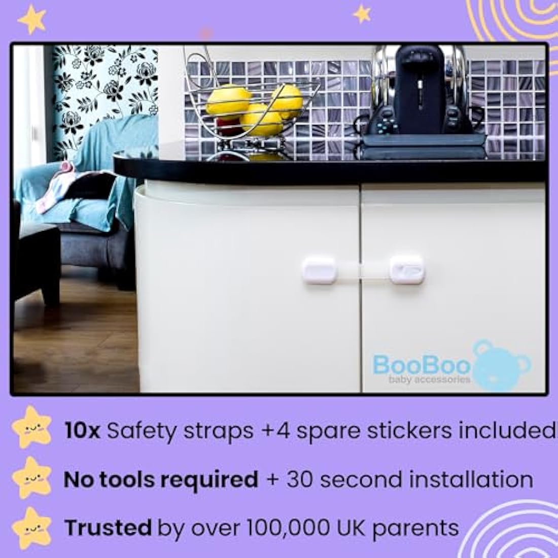BooBoo® (10 PACK) Premium Child Locks For Kitchen Cupboards, Child Proof Cabinet Locks, Drawer Locks Baby Proofing Cabinets with No Drilling, Extra strong Adhesive + 4 Extra Stickers
